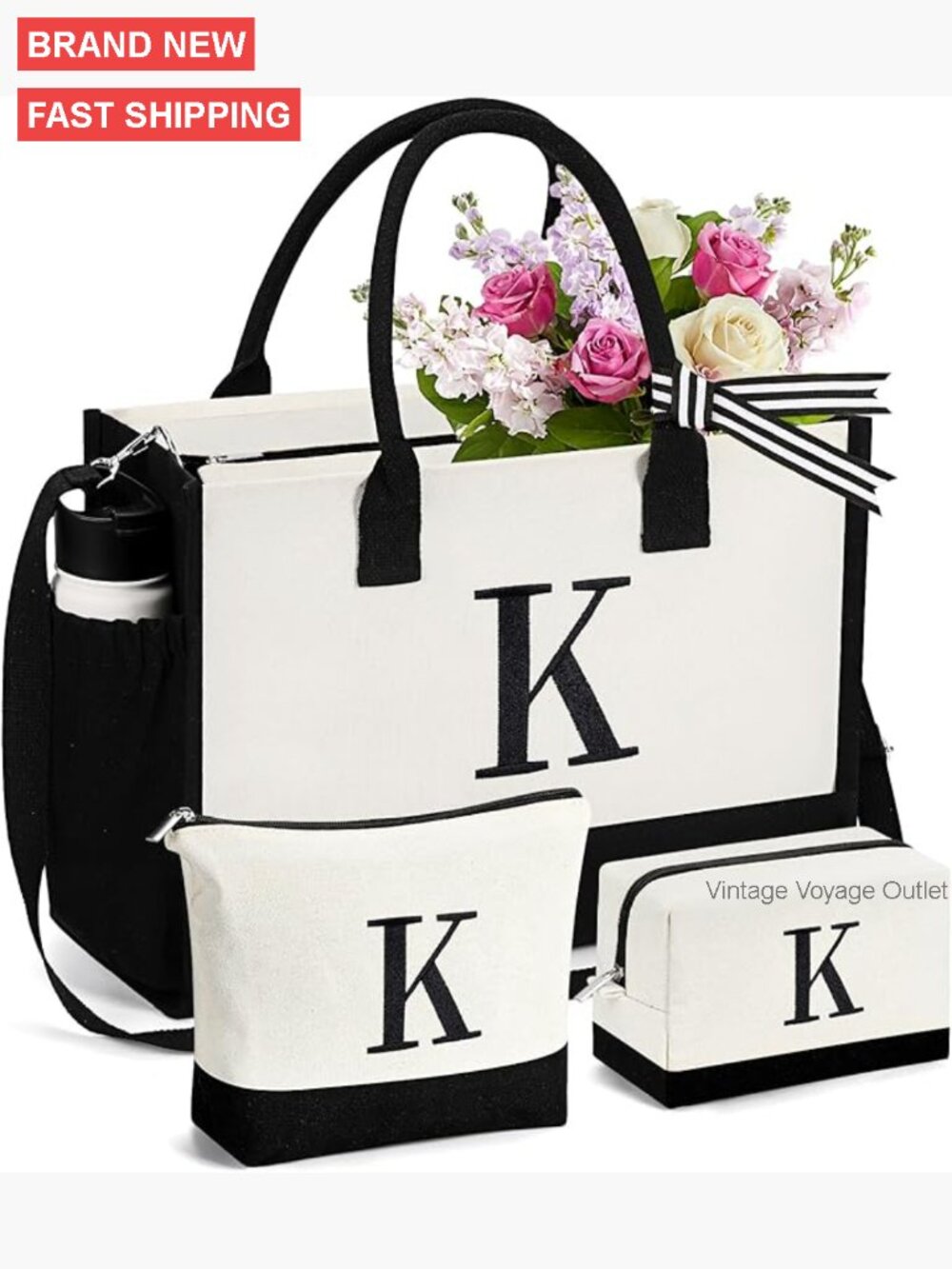 Large Canvas Tote Bag with 2 Cosmetic Bags, Zipper Closure, Removable Strap